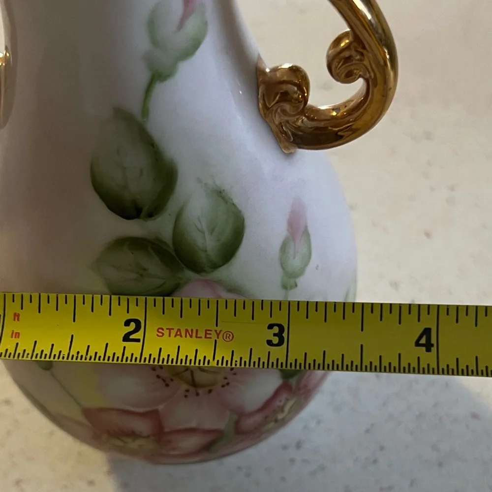 Vintage Hand Painted Floral Ivory Gold Detail Double Handled Porcelain Vase